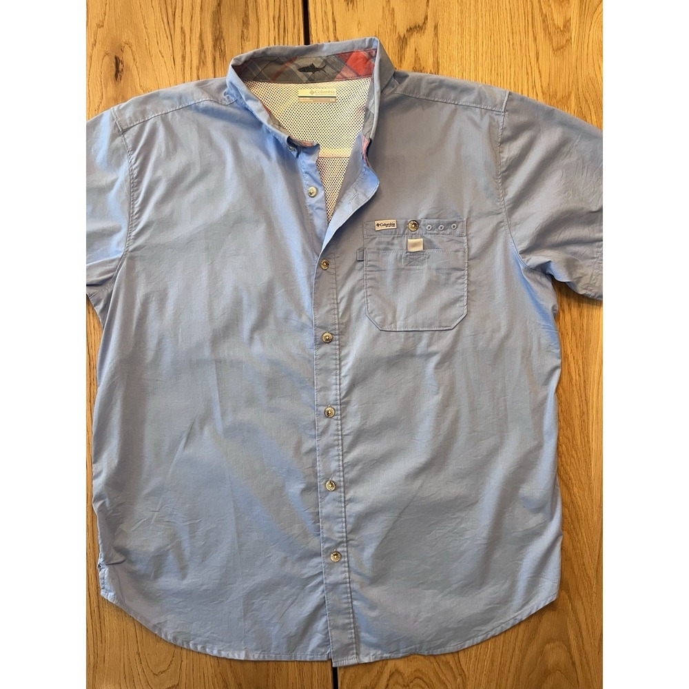 Columbia Bahama PFG‎ Fishing Shirt Men's L Short Sleeve Button Pocket Agate Blue
